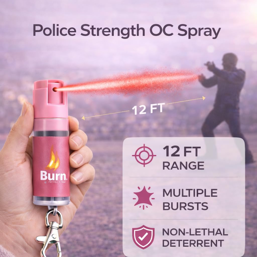 Burn Pepper Spray Keychain Self Defense for Women & Men, 1/2oz Compact Mini OC Spray with Twist Top, Clip, Police Grade, 12 FT Range, Personal Protection for Purse, Backpack, Home & Everyday Carry