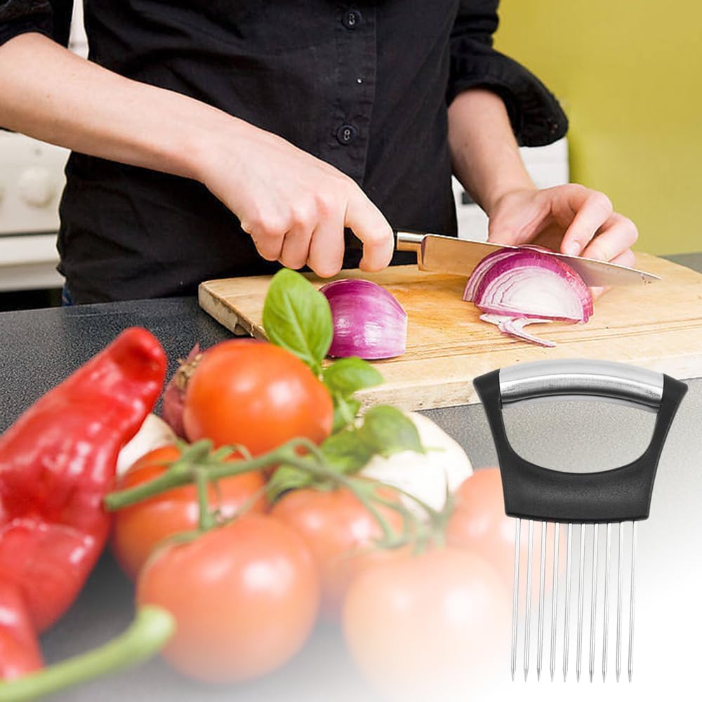 Onion Slicer Vegetable Chopper, Stainless Steel Onion Holder for Slicing, Kitchen Gadgets Slicer and Chopper, Cutter for Meat, Fruit, Potato, Tomato Slicers (Black)
