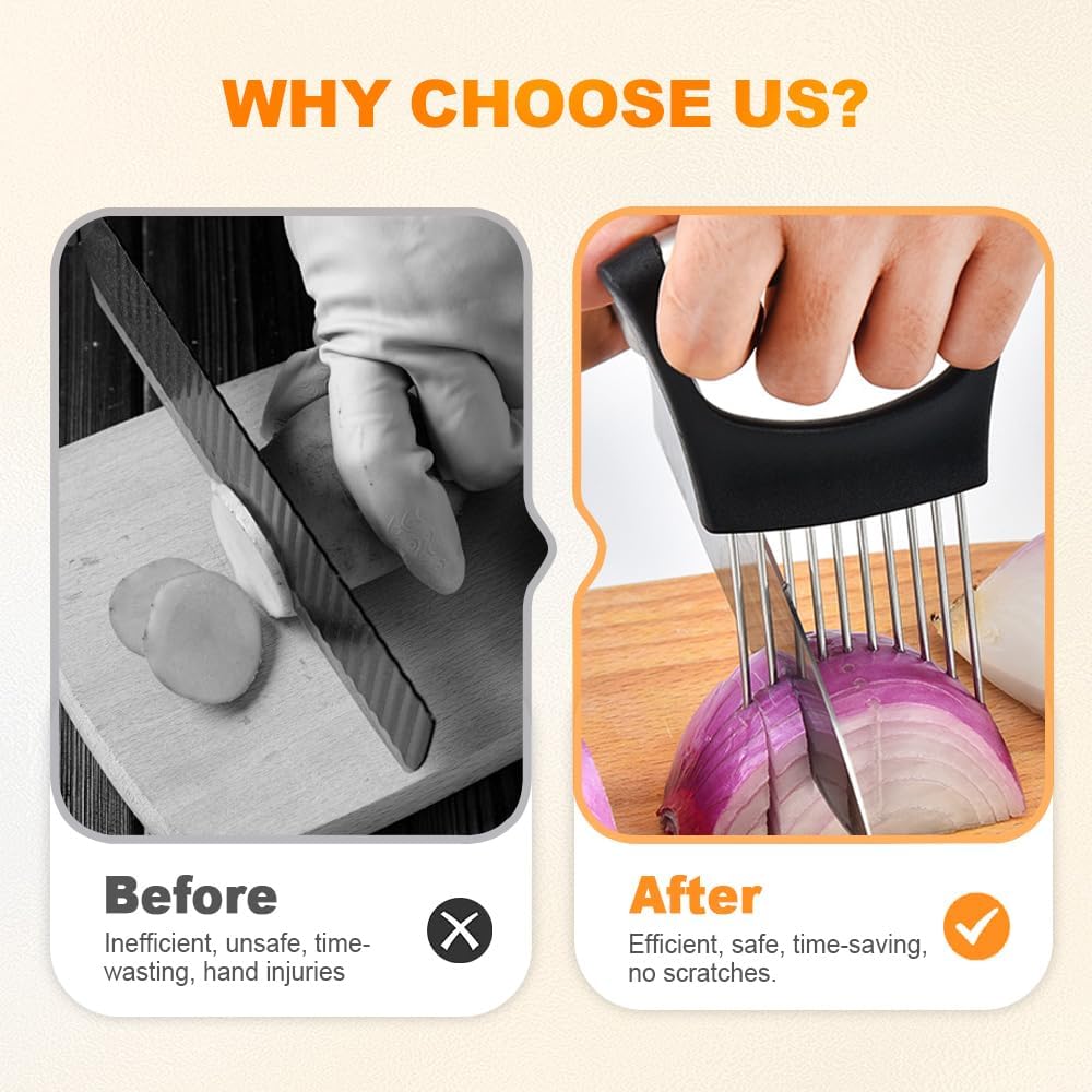 Onion Slicer Vegetable Chopper, Stainless Steel Onion Holder for Slicing, Kitchen Gadgets Slicer and Chopper, Cutter for Meat, Fruit, Potato, Tomato Slicers (Black)