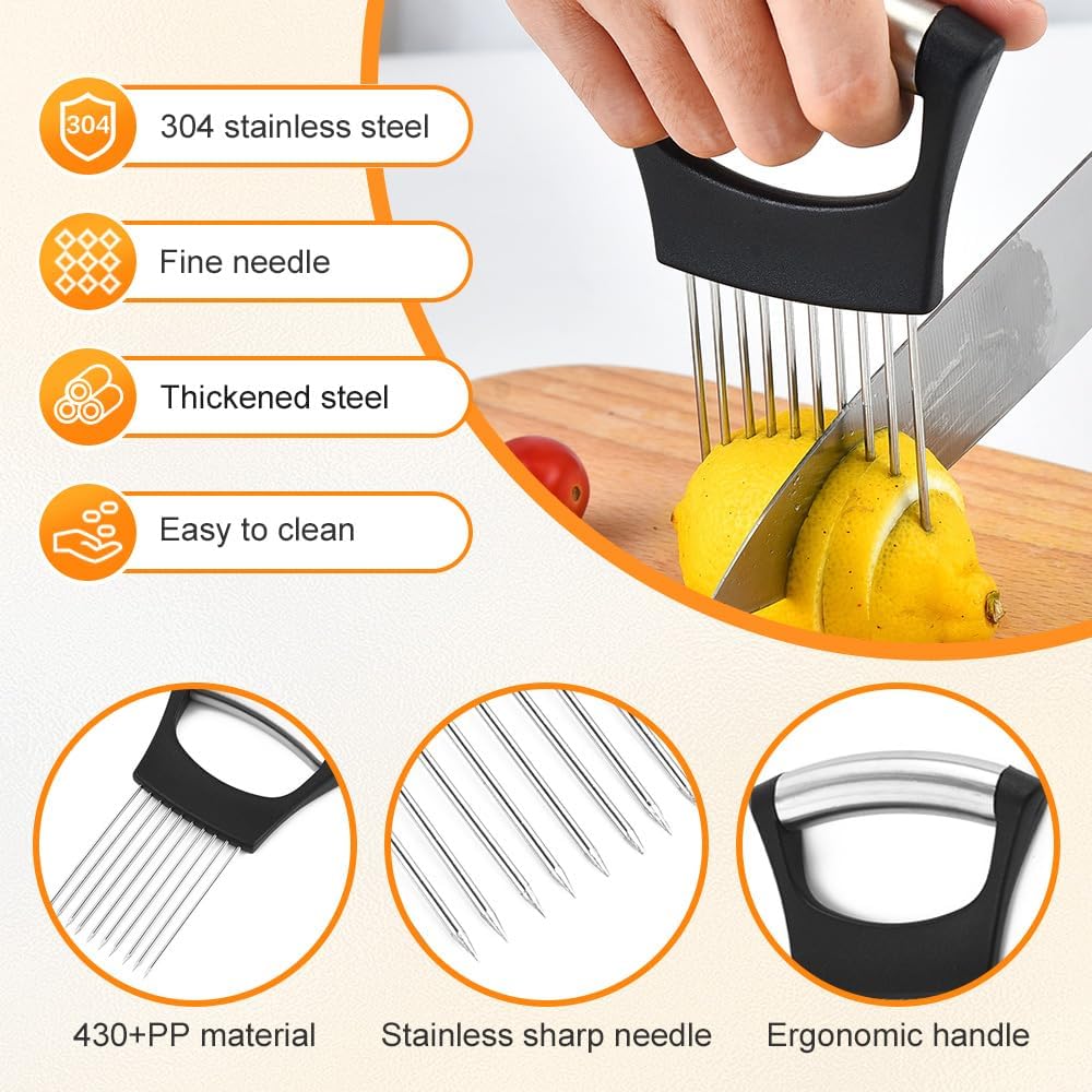 Onion Slicer Vegetable Chopper, Stainless Steel Onion Holder for Slicing, Kitchen Gadgets Slicer and Chopper, Cutter for Meat, Fruit, Potato, Tomato Slicers (Black)
