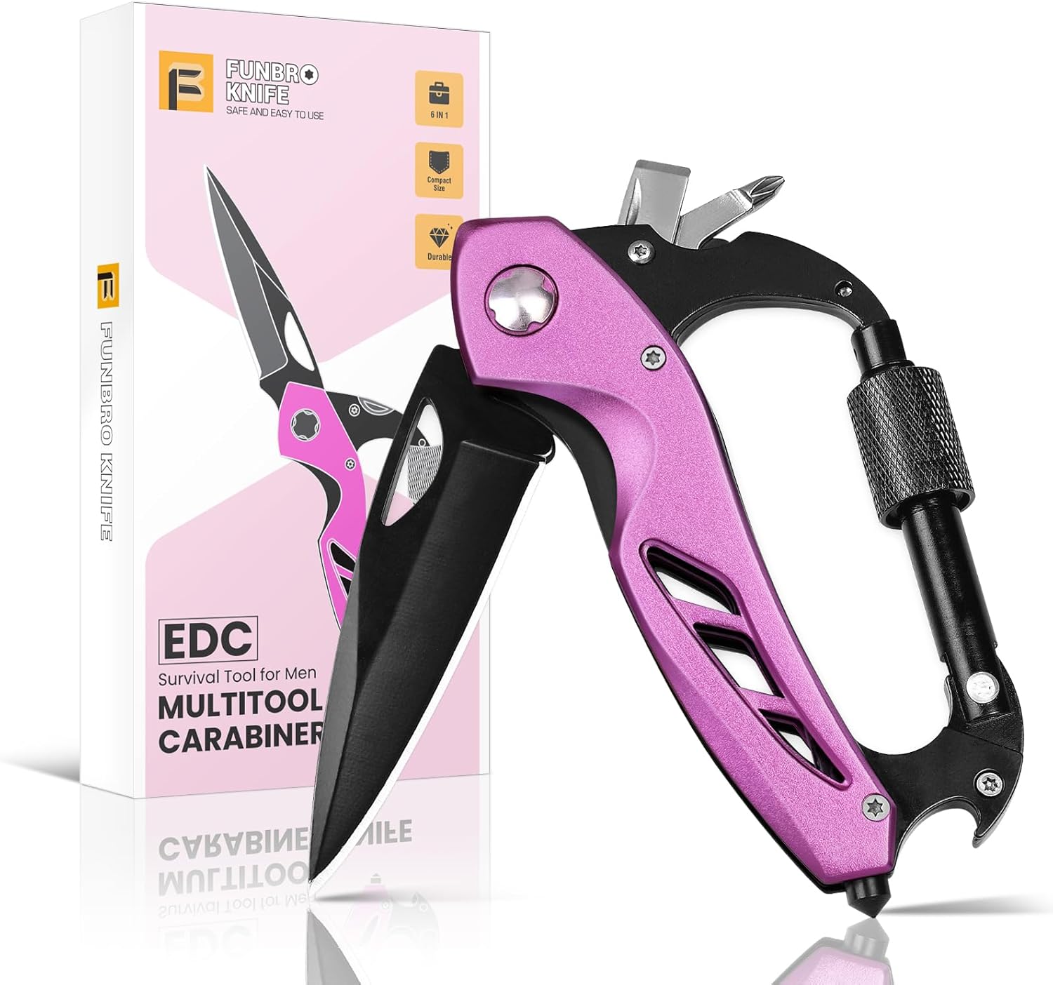 Pink Multitool Carabiner, Stocking Stuffers Gifts for Mom Women Wife, 6-in-1 Keychain Multi Tools with Window Breaker, Bottle Opener and Screwdriver, EDC Gear Gadget for Camping Hiking