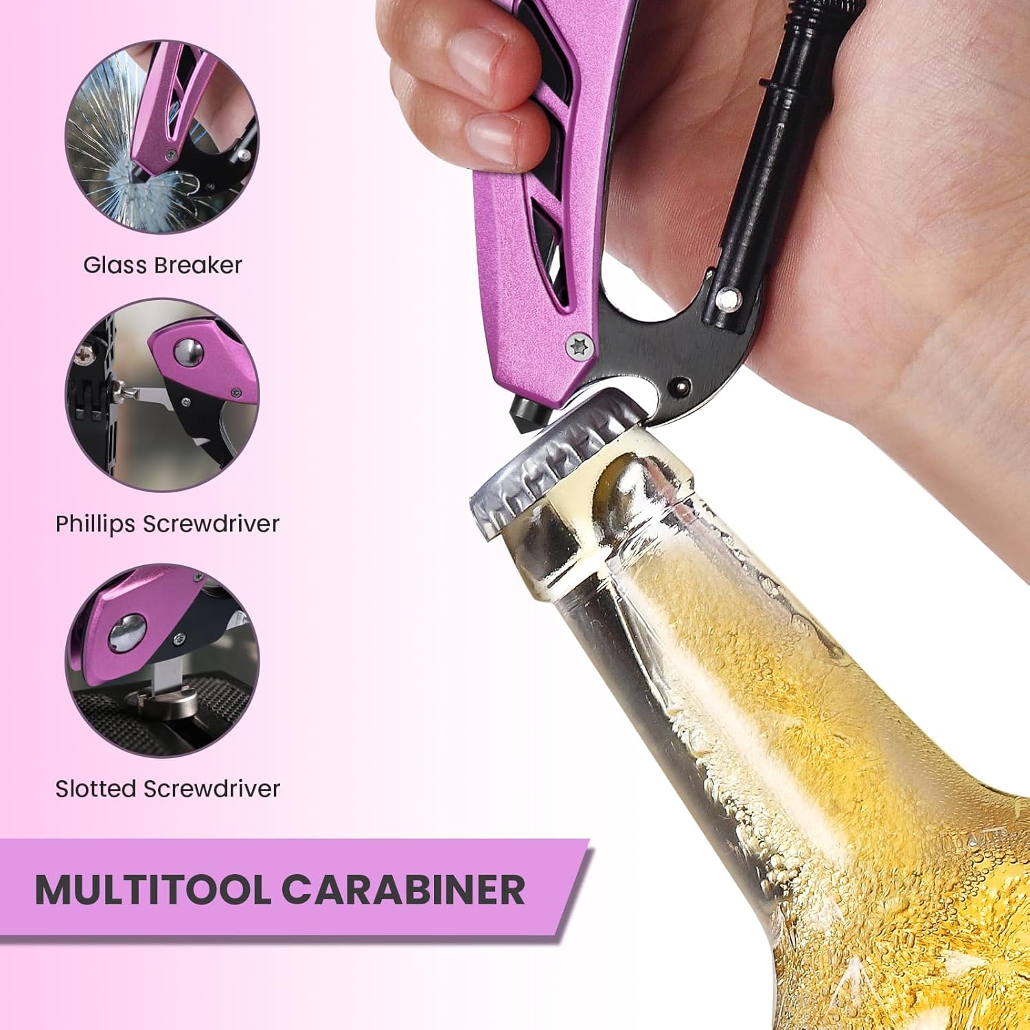 Pink Multitool Carabiner, Stocking Stuffers Gifts for Mom Women Wife, 6-in-1 Keychain Multi Tools with Window Breaker, Bottle Opener and Screwdriver, EDC Gear Gadget for Camping Hiking