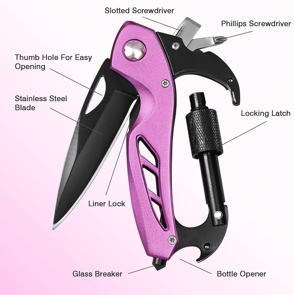 Pink Multitool Carabiner, Stocking Stuffers Gifts for Mom Women Wife, 6-in-1 Keychain Multi Tools with Window Breaker, Bottle Opener and Screwdriver, EDC Gear Gadget for Camping Hiking
