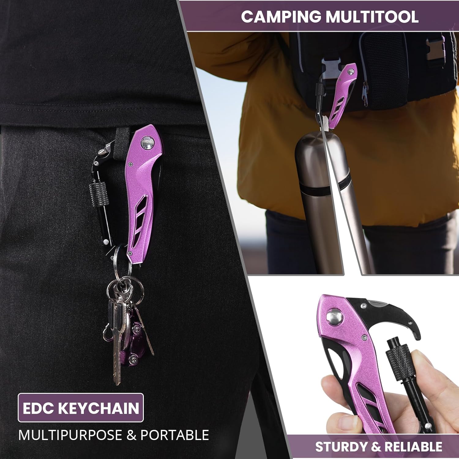 Pink Multitool Carabiner, Stocking Stuffers Gifts for Mom Women Wife, 6-in-1 Keychain Multi Tools with Window Breaker, Bottle Opener and Screwdriver, EDC Gear Gadget for Camping Hiking