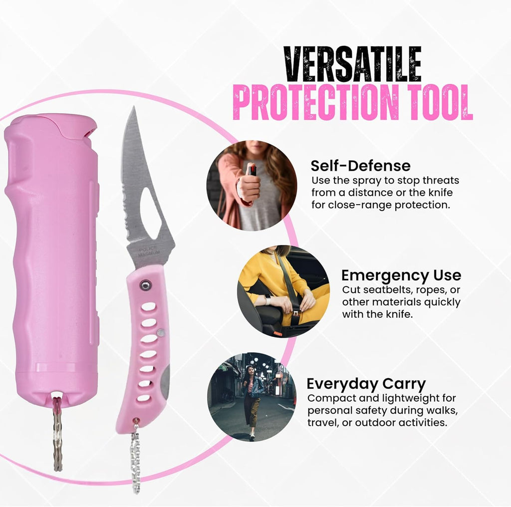 Police Magnum Keychain Pepper Spray Combo Safety Kit- Maximum Heat Strength OC with Pink Pocket Knife Self Defense- Made in The USA- 1 Pack Soft Pink FT