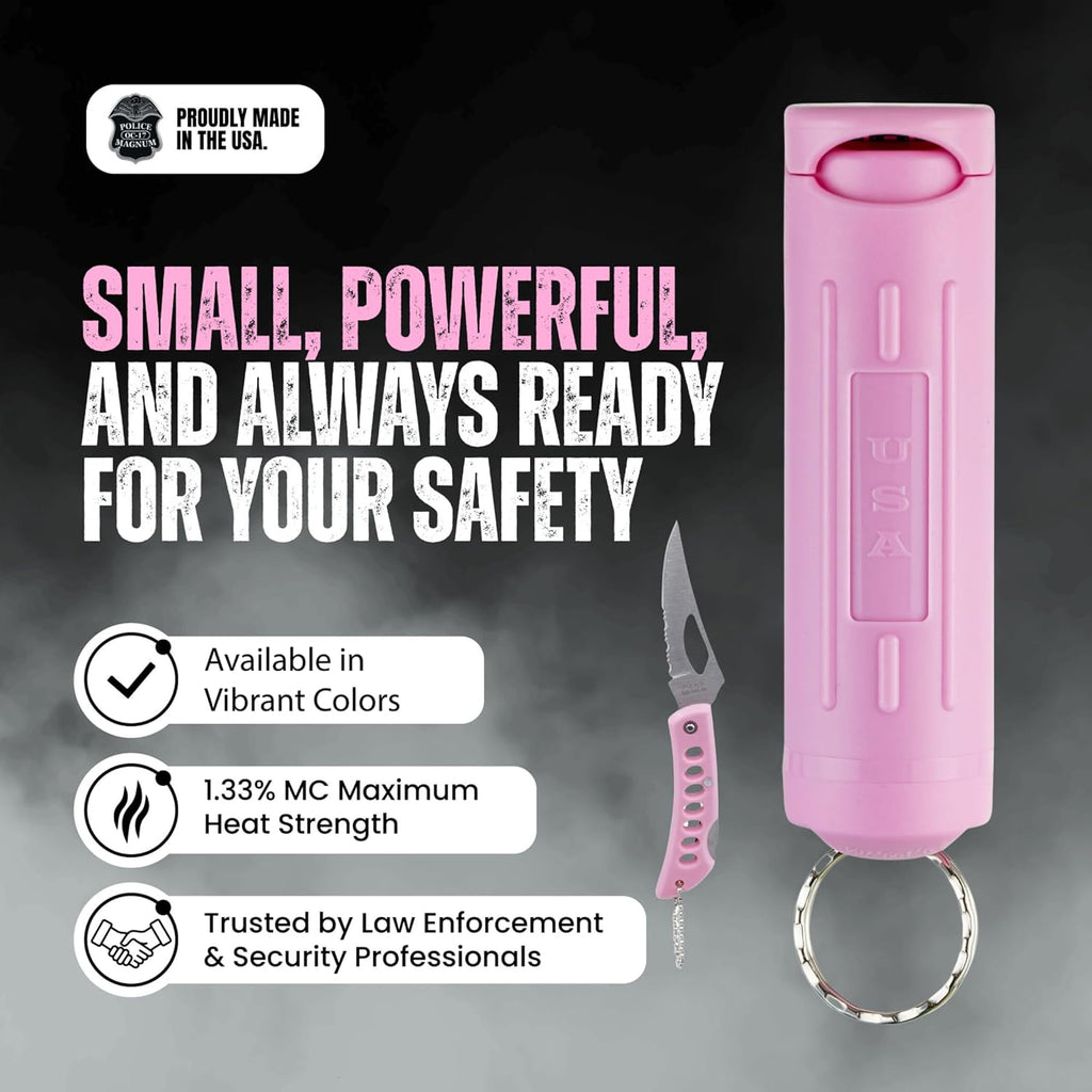 Police Magnum Keychain Pepper Spray Combo Safety Kit- Maximum Heat Strength OC with Pink Pocket Knife Self Defense- Made in The USA- 1 Pack Soft Pink FT