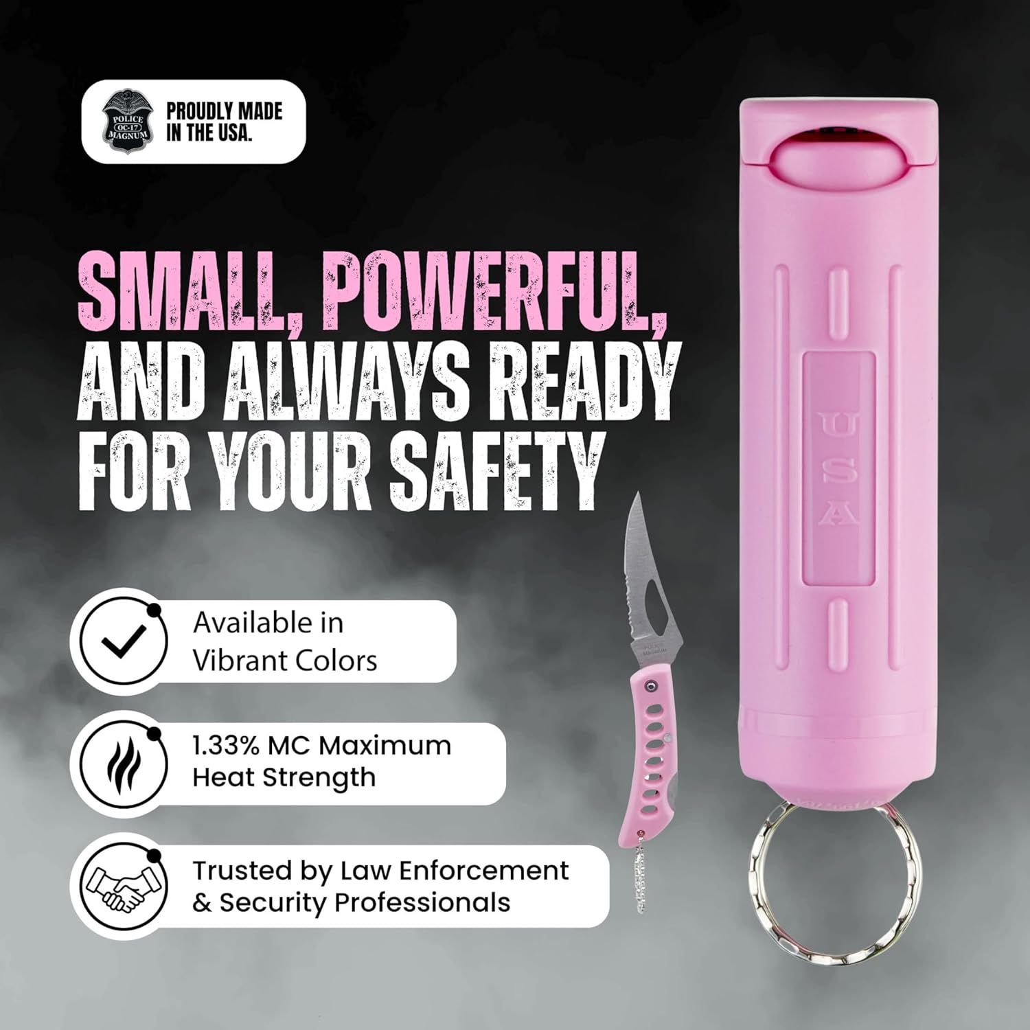 Police Magnum Keychain Pepper Spray Combo Safety Kit- Maximum Heat Strength OC with Pink Pocket Knife Self Defense- Made in The USA- 1 Pack Soft Pink FT