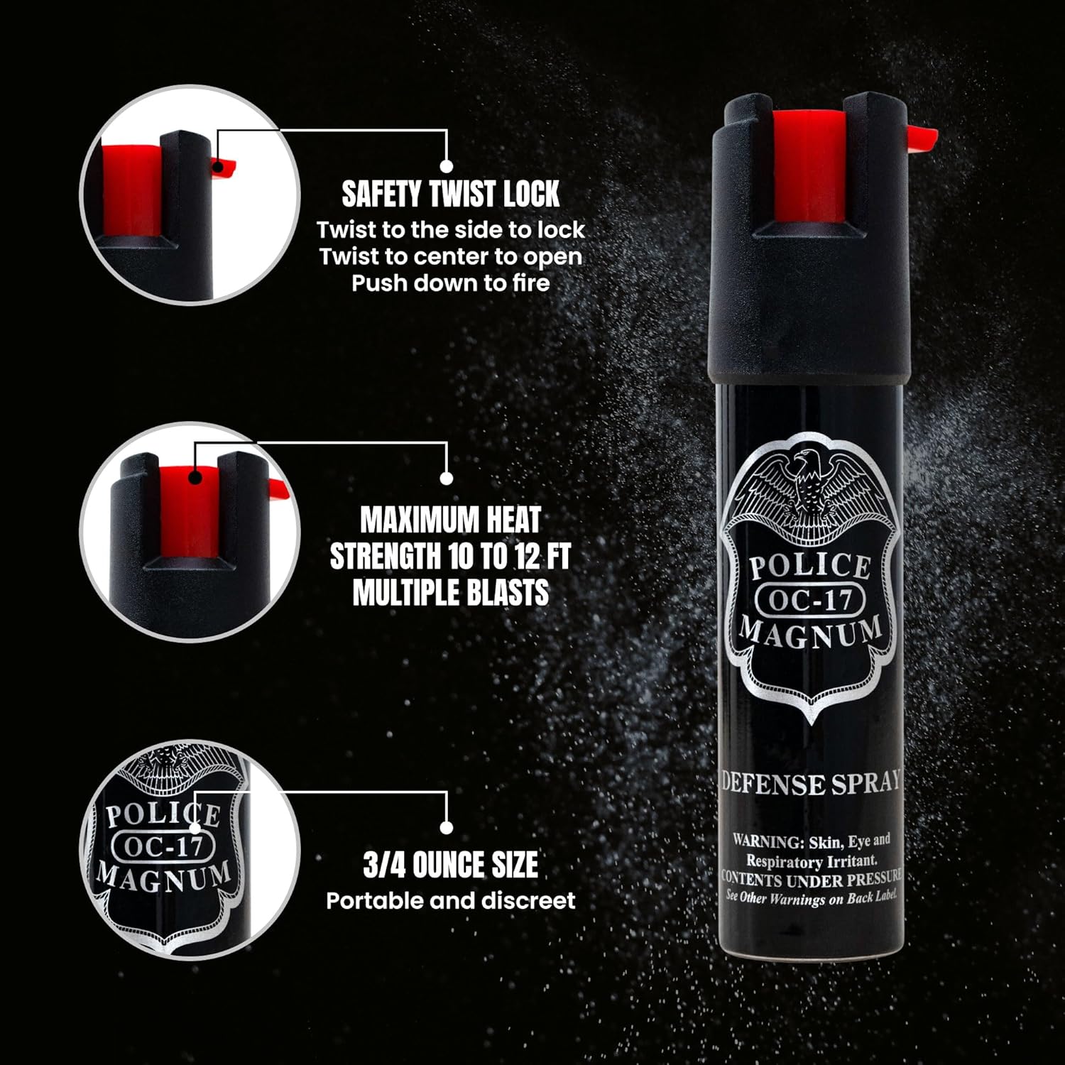 Police Magnum Compact Pepper Spray Self Defense- Tactical Maximum Heat Strength OC- Small Discreet Carry Canister- Made in The USA