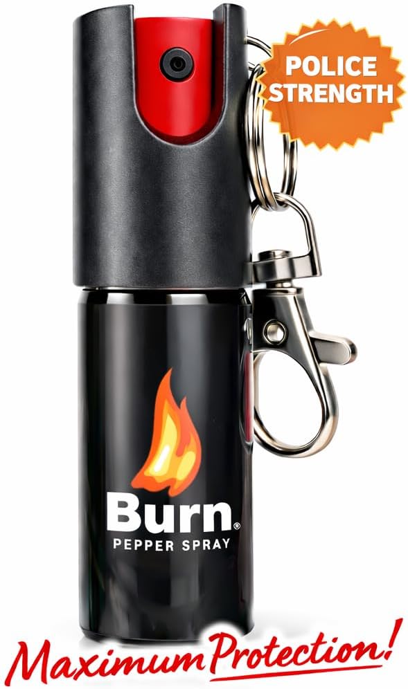 Burn Pepper Spray for Self Defense - 1/2oz Compact Pepper Spray for Women with Keychain, Maximum Strength, Police Grade with UV Dye, Ideal for Personal Safety, Security, Joggers & Home Defense, Black