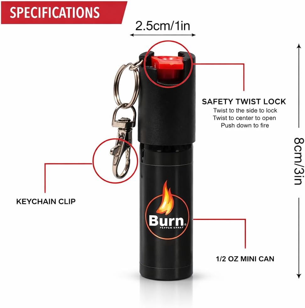 Burn Pepper Spray for Self Defense - 1/2oz Compact Pepper Spray for Women with Keychain, Maximum Strength, Police Grade with UV Dye, Ideal for Personal Safety, Security, Joggers & Home Defense, Black