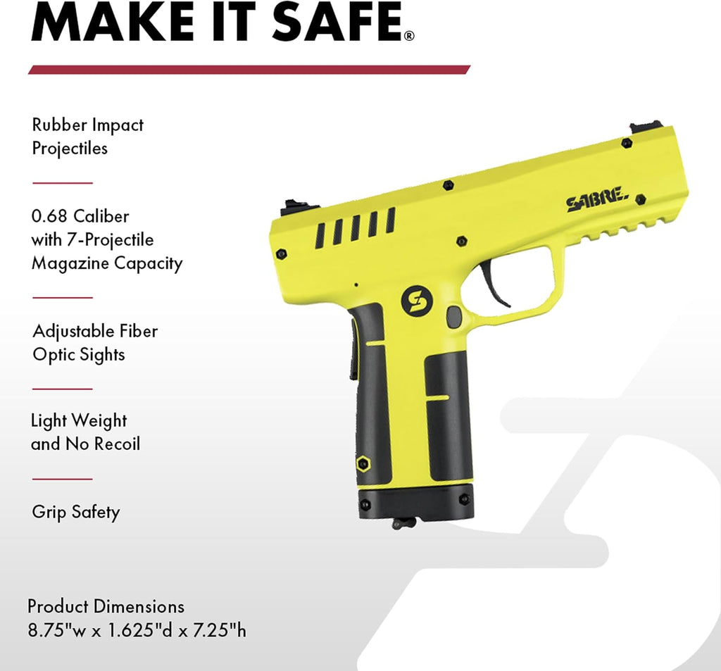 Sabre Home Defense Projectile Launcher, Large Size with (7) 0.68 Cal. Impact Projectiles, 40% More Stopping Power for Extra Home Protection, Holds Up to 7 Projectiles