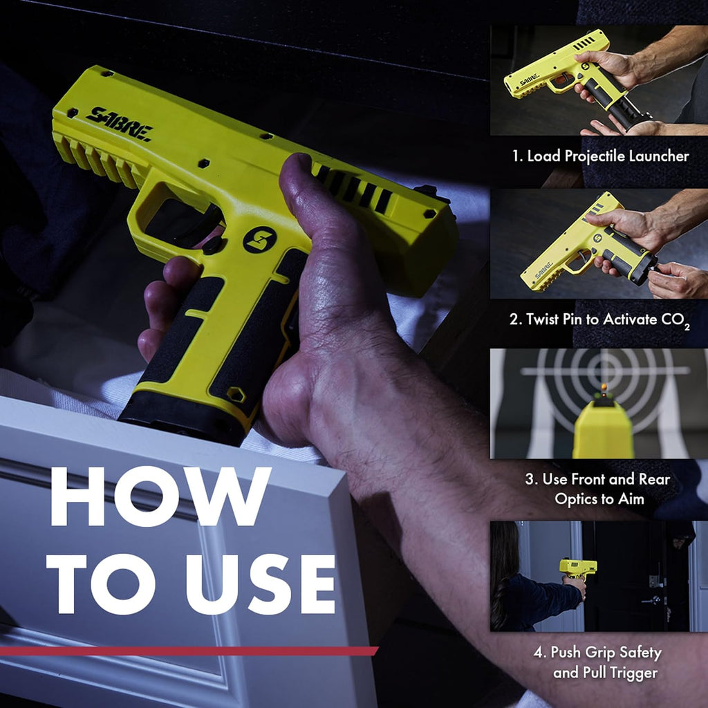 Sabre Home Defense Projectile Launcher, Large Size with (7) 0.68 Cal. Impact Projectiles, 40% More Stopping Power for Extra Home Protection, Holds Up to 7 Projectiles