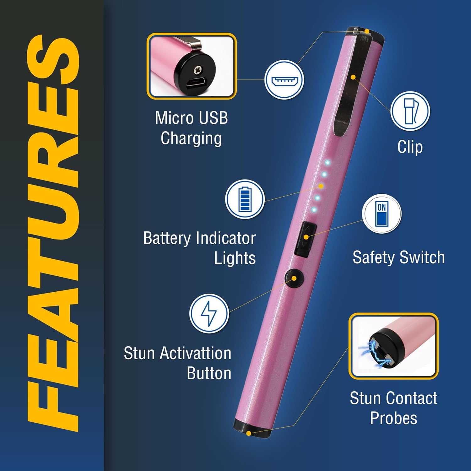 Streetwise Pain Pen 25,000,000 Volts Stun Gun for Self Protection - Tactical Stun Pen for Women and Men, USB Rechargeable, Battery Indicator, Durable Clip, Compact and Concealable for Protection