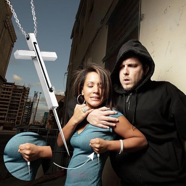 Self Defense Cross Necklace, 21 inch Chain, Stainless Steel Hidden Protection Tool with Safety Lock