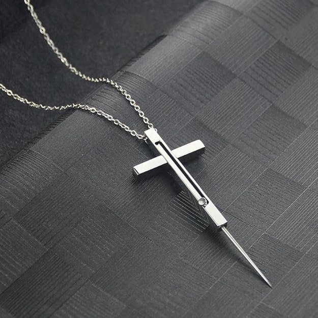 Self Defense Cross Necklace, 21 inch Chain, Stainless Steel Hidden Protection Tool with Safety Lock