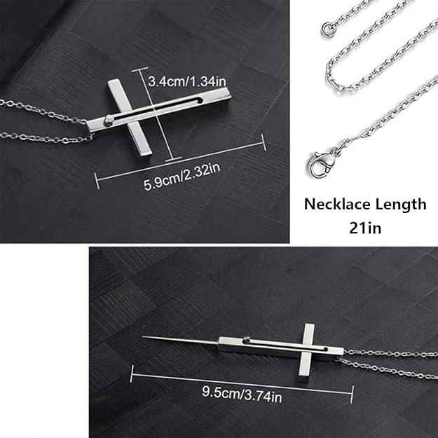 Self Defense Cross Necklace, 21 inch Chain, Stainless Steel Hidden Protection Tool with Safety Lock
