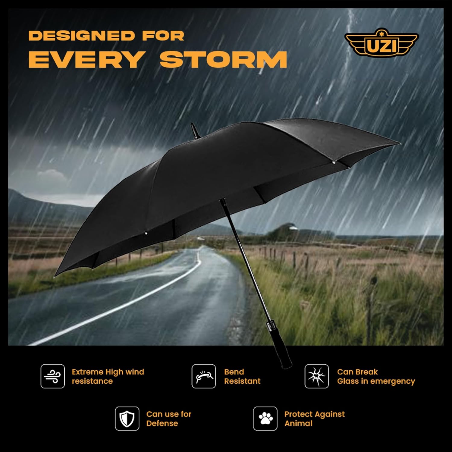 Uzi Tactical Self Defense Umbrella – Windproof Unbreakable Fiberglass with Carbide Tip - Lightweight, Large, Portable, Travel Umbrella for Men & Women – Combat-Ready for Rain, Snow & Wind