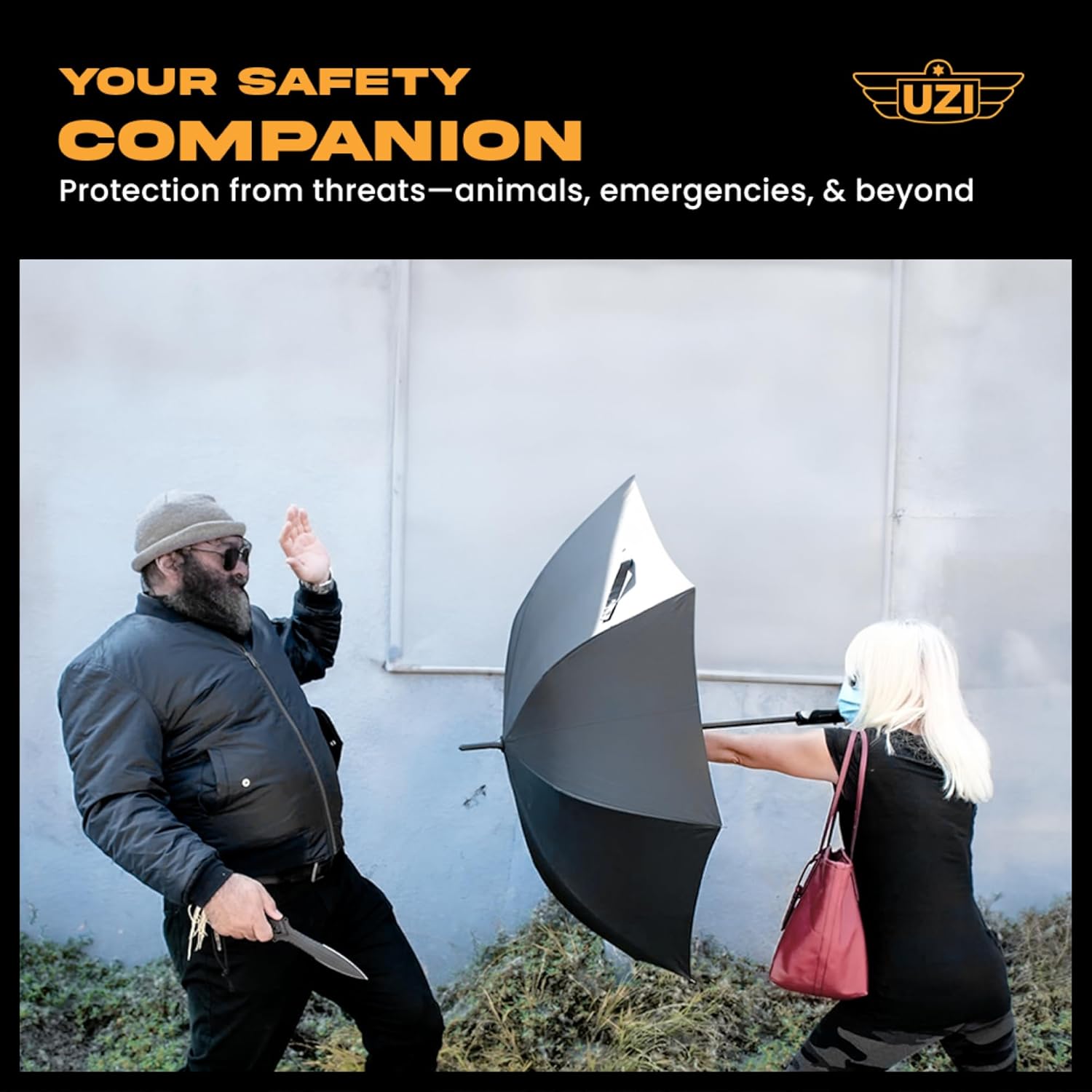 Uzi Tactical Self Defense Umbrella – Windproof Unbreakable Fiberglass with Carbide Tip - Lightweight, Large, Portable, Travel Umbrella for Men & Women – Combat-Ready for Rain, Snow & Wind
