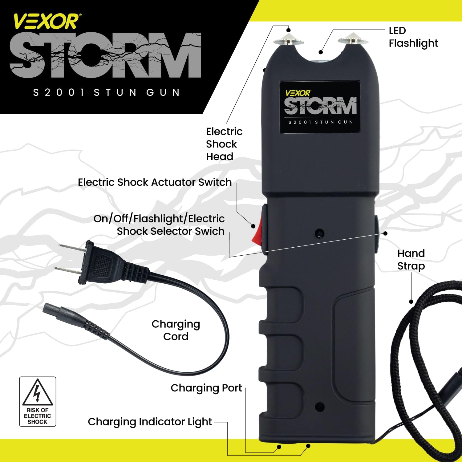 Vexor Storm S2001 Personal Safety Device - Rechargeable with LED Light - Ergonomic Grip and Wrist Strap - Safety Switch - Includes Holster and Training Guide