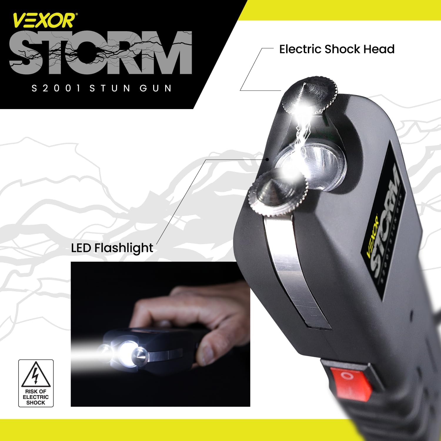 Vexor Storm S2001 Personal Safety Device - Rechargeable with LED Light - Ergonomic Grip and Wrist Strap - Safety Switch - Includes Holster and Training Guide