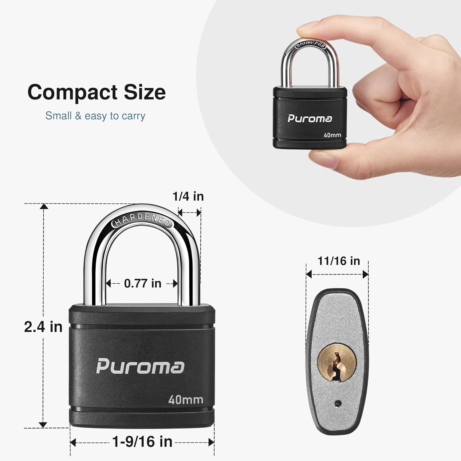 Puroma 2 Pack Keyed Padlock with 3 Keys Alike, 7/8 Inch Locker Lock 40mm Heavy-Duty Locks for Gate Fence Hasp Cabinet Toolbox School Gym Locker (Black)