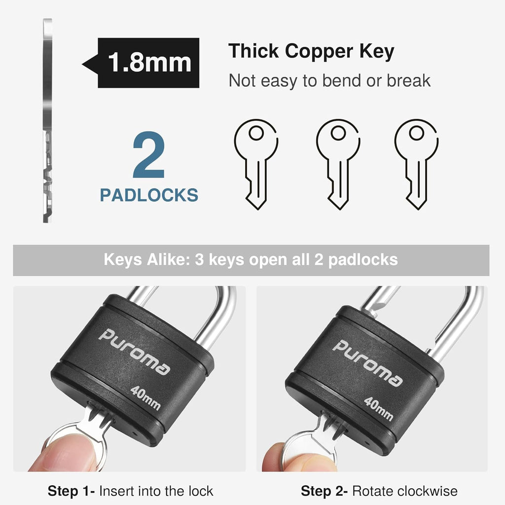 Puroma 2 Pack Keyed Padlock with 3 Keys Alike, 7/8 Inch Locker Lock 40mm Heavy-Duty Locks for Gate Fence Hasp Cabinet Toolbox School Gym Locker (Black)