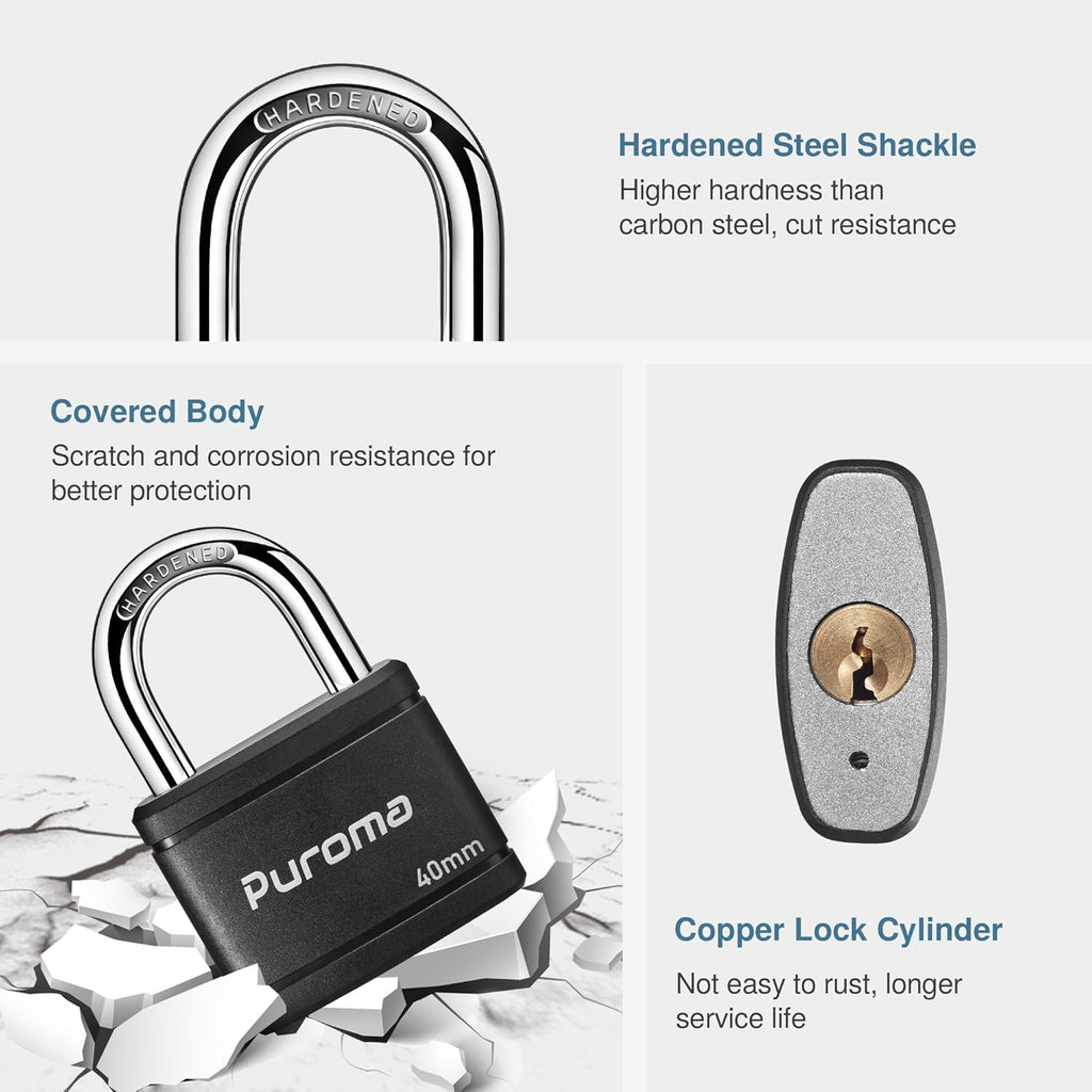 Puroma 2 Pack Keyed Padlock with 3 Keys Alike, 7/8 Inch Locker Lock 40mm Heavy-Duty Locks for Gate Fence Hasp Cabinet Toolbox School Gym Locker (Black)