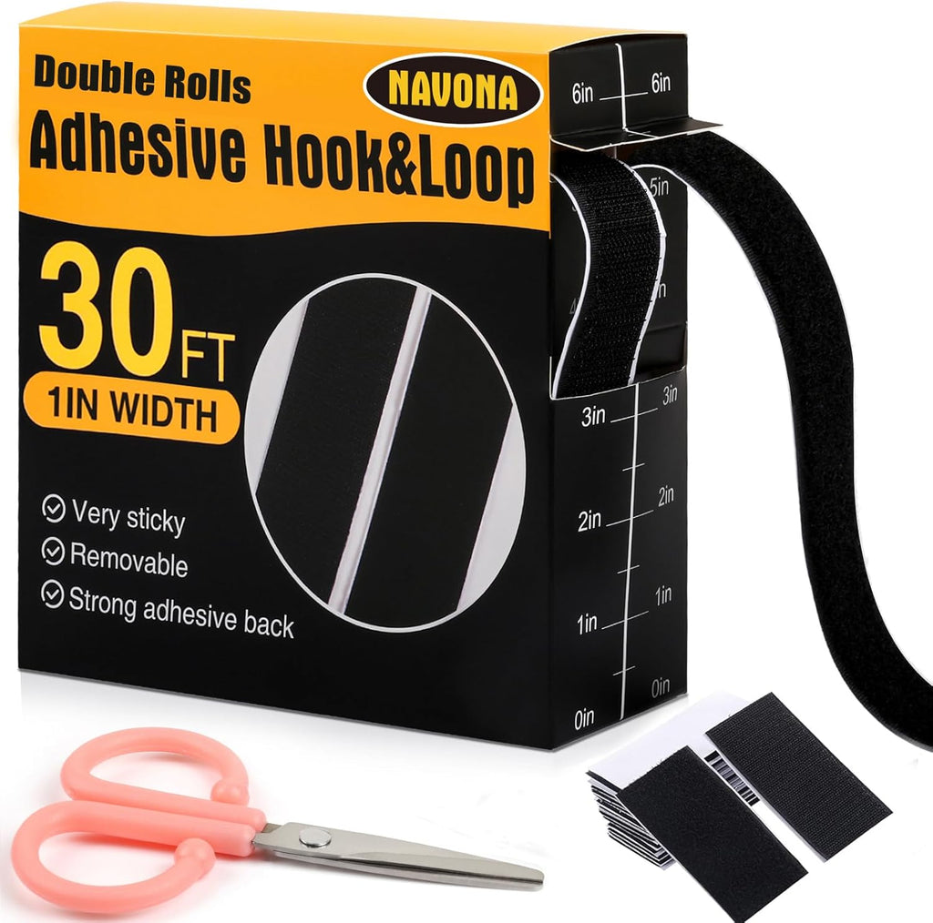Navona 30Ft x 1 Inch Hook and Loop Strips with Adhesive – 2 Rolls Heavy Duty Hook and Loop Tape with Backing for Home, Office, School, and Crafting Projects, Black
